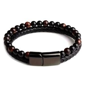 Unisex Double Layer Beaded Faux Leather Red Tiger Eye Bracelet
